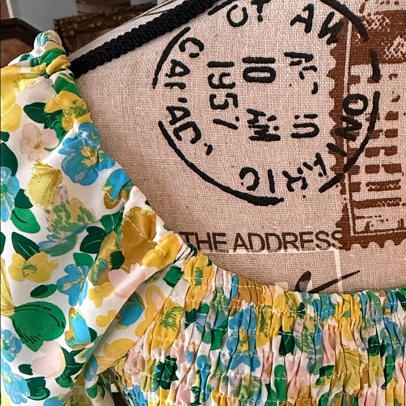 Kirundo Blue and Yellow Floral Print Smocked Puff Sleeve Off Shoulder Dress - Picture 5 of 14